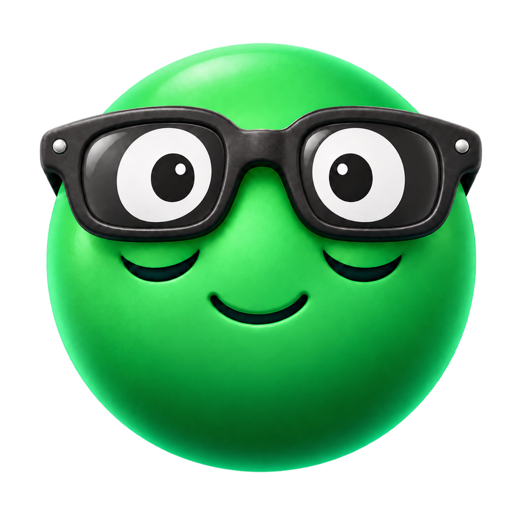 Avi, a friendly green face wearing glasses