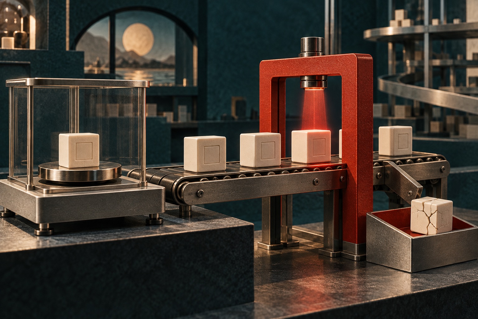Precision inspection apparatus examining a sequence of ceramic software blocks