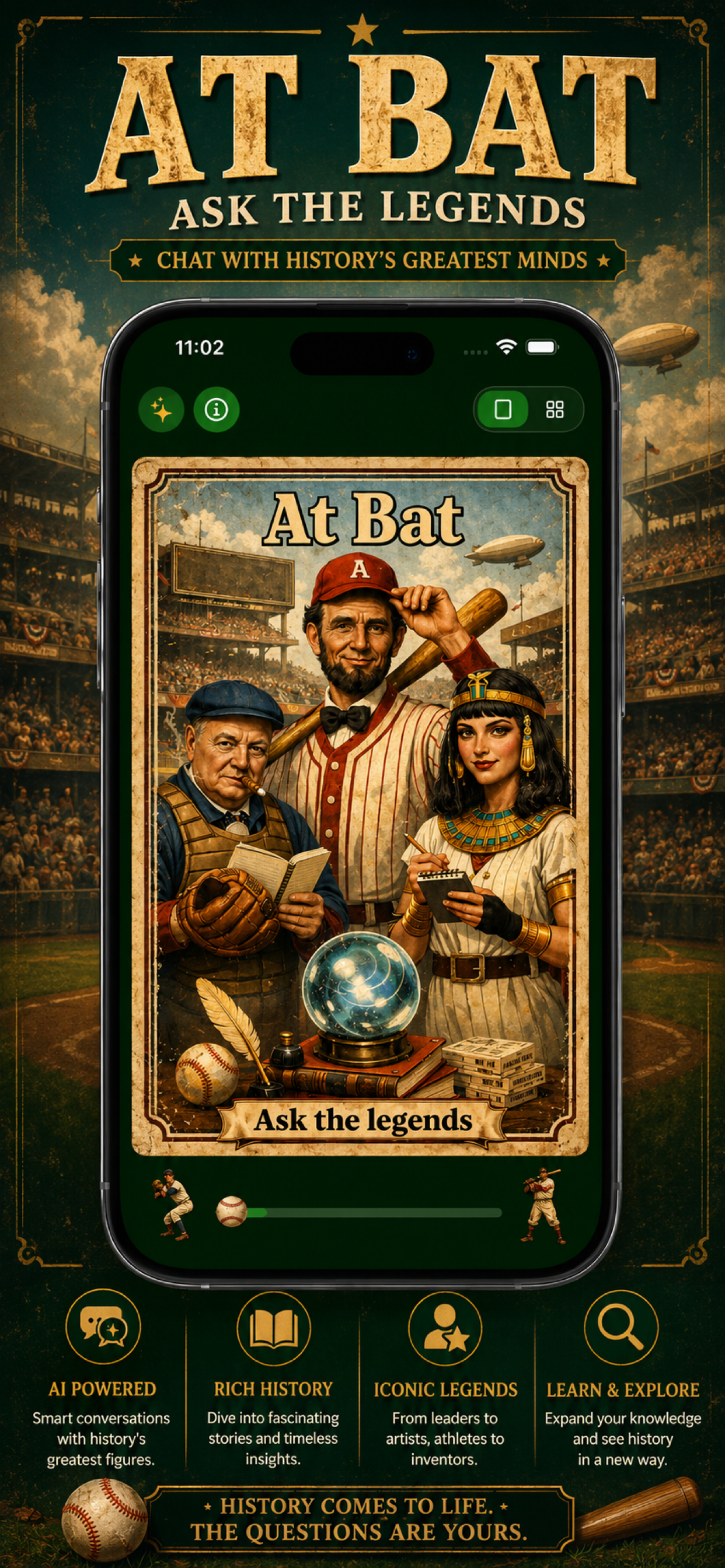 Legends At Bat app store artwork showing a baseball-themed Ask the Legends screen