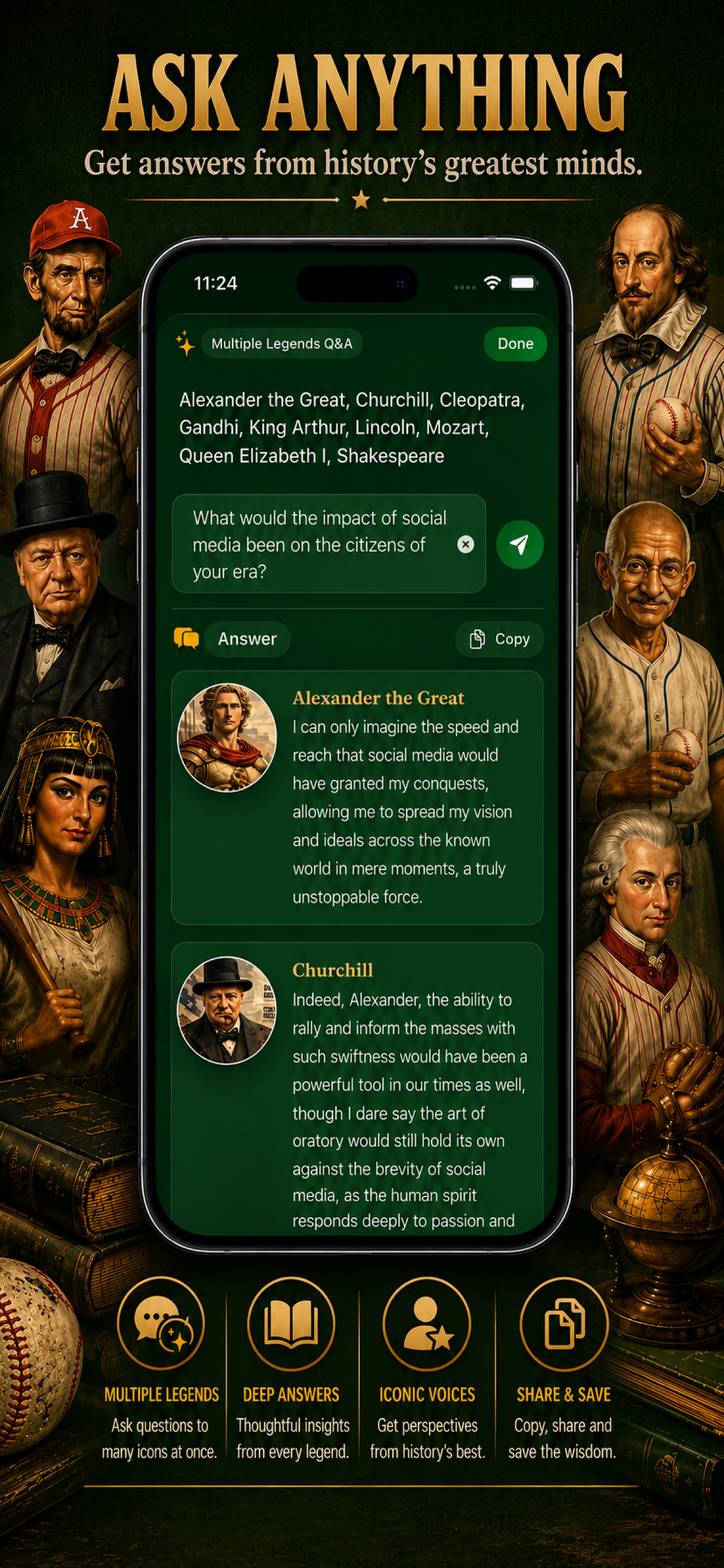 Legends At Bat screen showing multiple AI legend answers to a user question