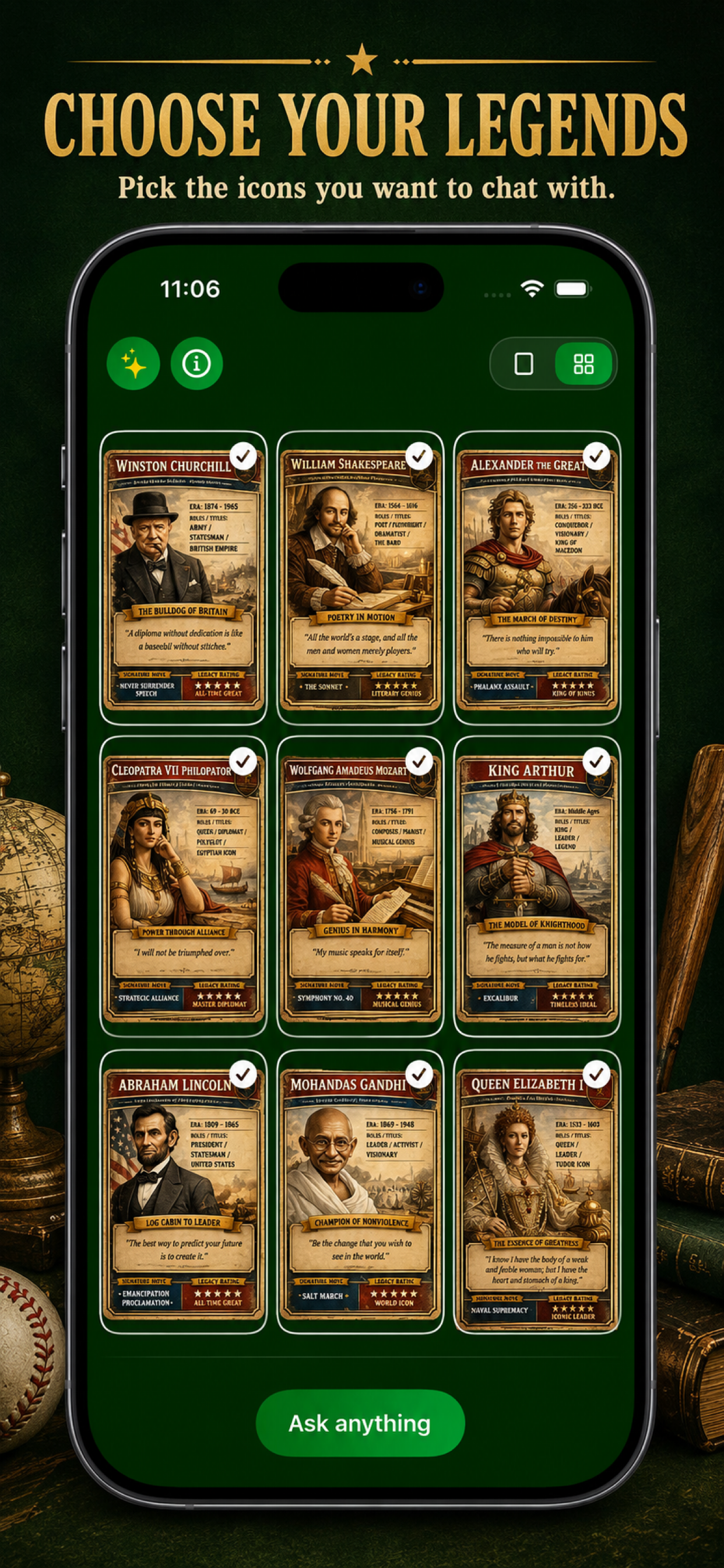 Legends At Bat screen showing historical legend cards selected for conversation